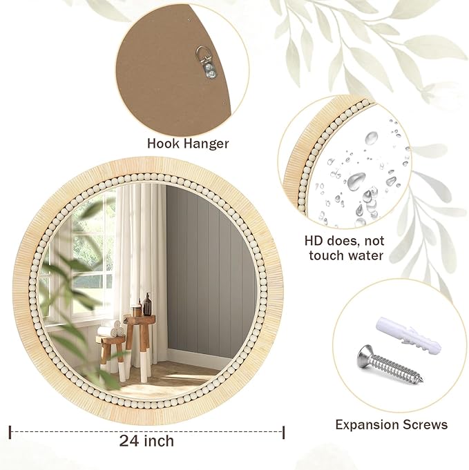 ULIKE Round Rattan Mirror, Bathroom 24 Inch Rustic Farmhouse Wall Decor - Image 3