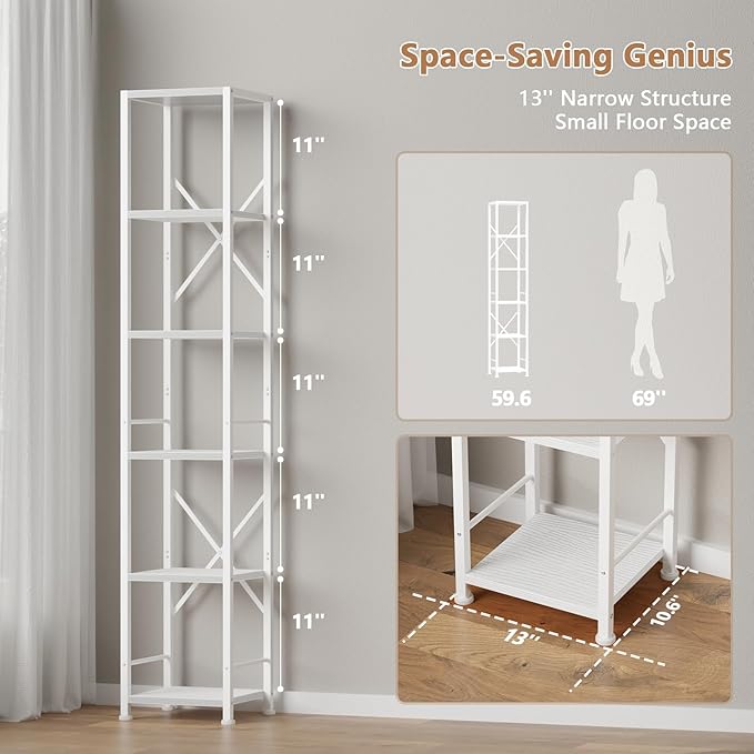 Furologee White Bookshelf 6 Tier Tall Narrow Bookcase, Modern Display Standing - Image 3