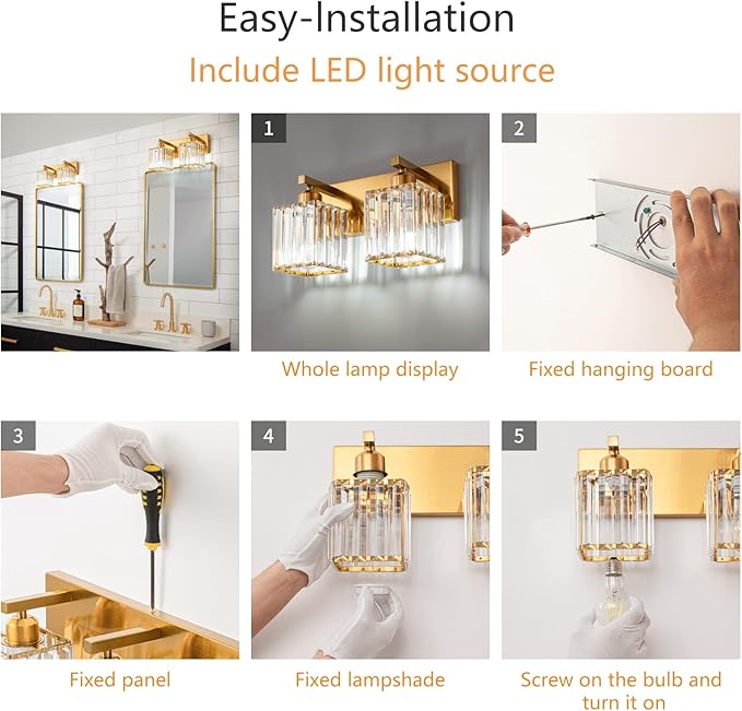 Modern Bathroom Vanity Light 2-Lights Gold Crystal Bathroom Wall Light Vanity - Image 7