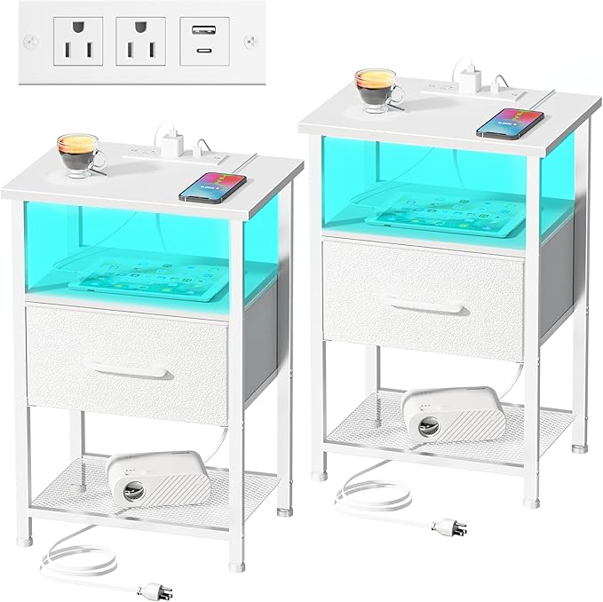 Nightstands Set of 2 with Charging Station and Drawer, End Table Bedside Table by LAKEMID