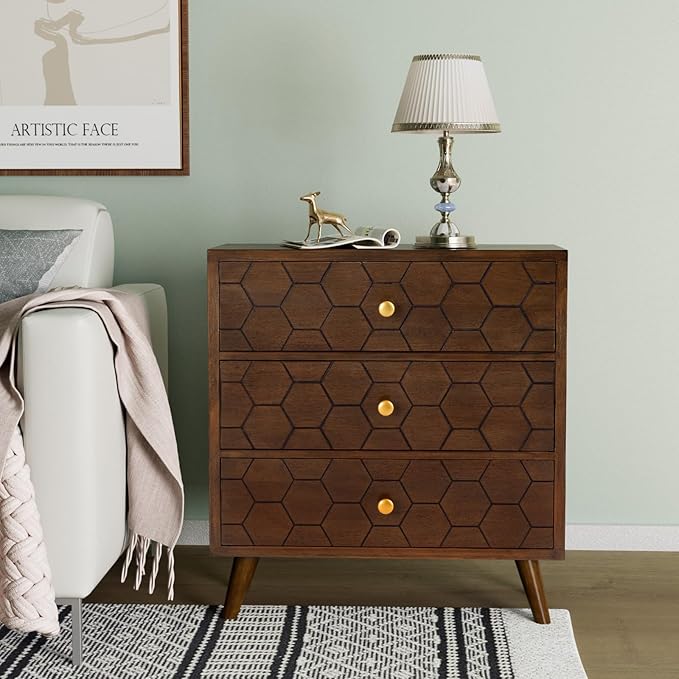 COSIEST Modern End Table w 3 Storage Drawers, Night Stand w Honeycomb Pattern - Image 8
