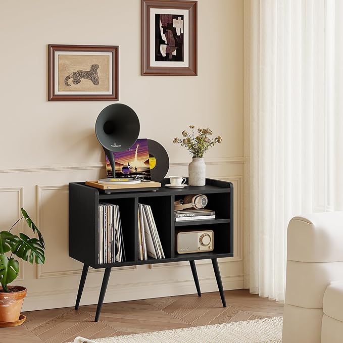 Record Player Stand with Vinyl Storage, Turntable Stand with Solid Wood Legs - Image 6
