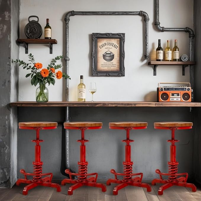 4-Piece American Antique Steampunk Bar Stool 24.41"-28.35" Vintage Industrial - Image 5