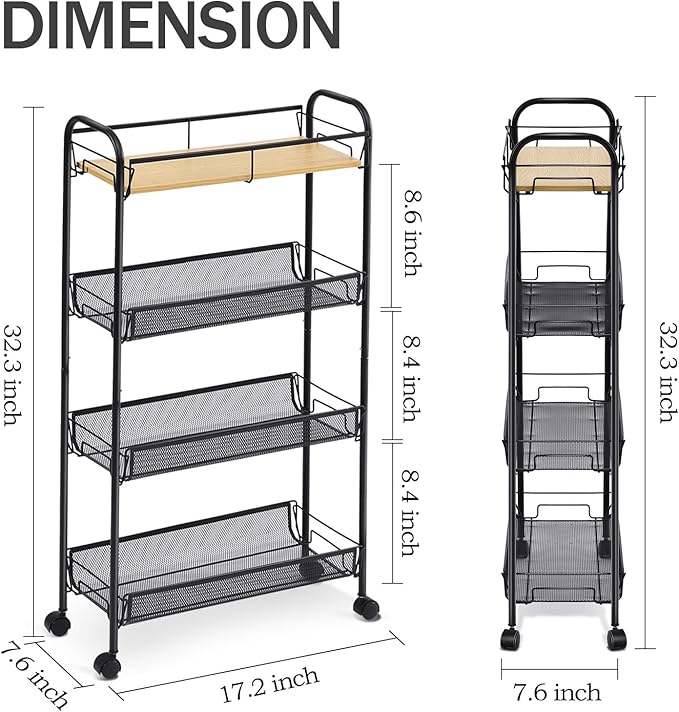 KINGRACK 4-Tier Slim Rolling Cart, Metal Utility Cart, Slide Out Storage Cart - Image 2