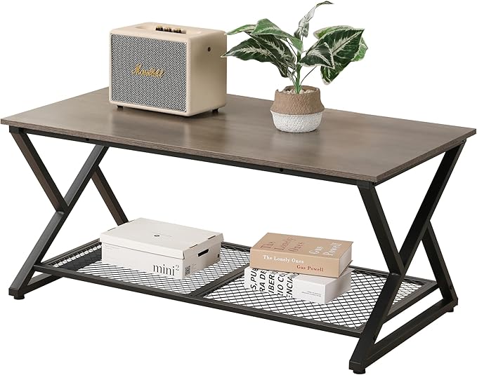 SENIG Coffee Table with Storage Shelf, Industrial Metal Wood Living Room Tables by SENIG