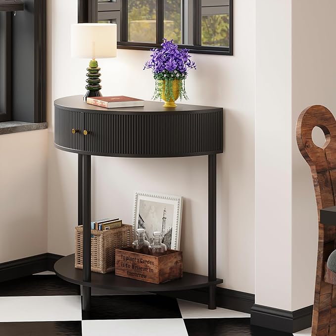 Fluted Half Moon Console Table 2 Tier Narrow Entryway Table - Image 4