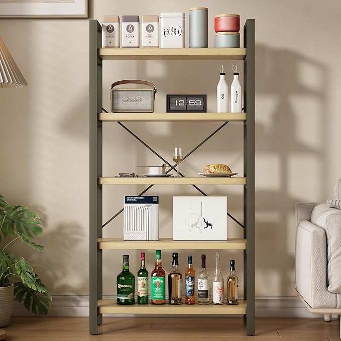 Real Solid Wood Rustic Vintage Industrial Etagere Bookshelf, Metal & Timber - Image 3
