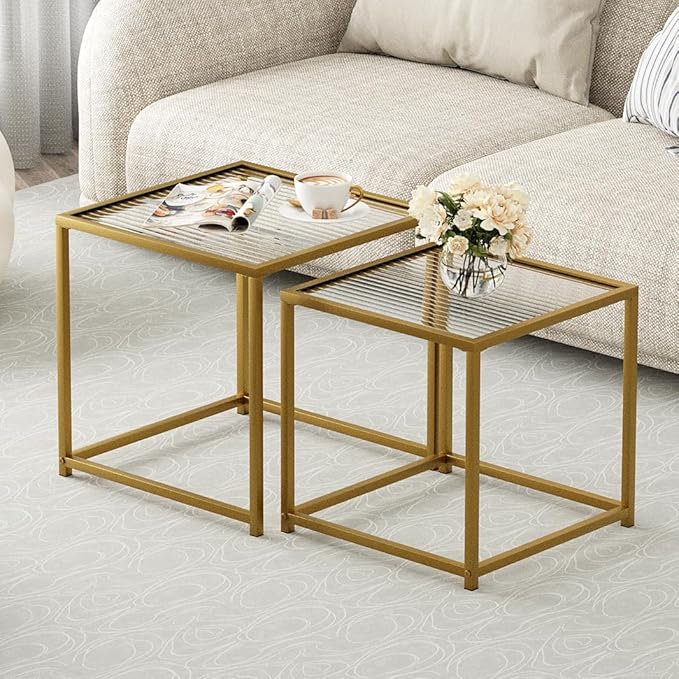 VILAWLENCE Coffee Table Set of 2, Modern Gold Patterned Glass Side Table - Image 3
