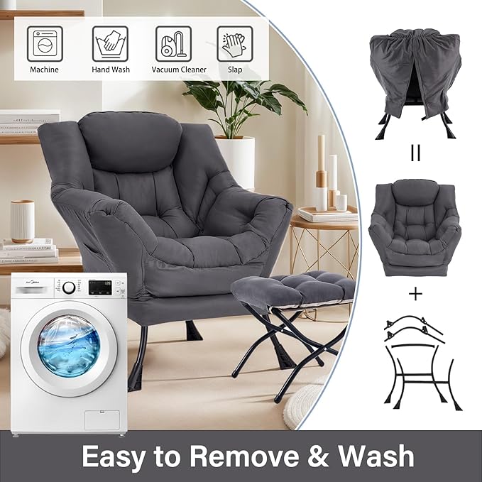 Lazy Chair with Ottoman, Reading Armchair with Armrests and Footrest, Large - Image 7
