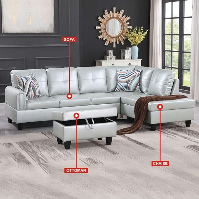 Silver Green L-Shaped 3-Piece Faux Leather Sofa - Image 3