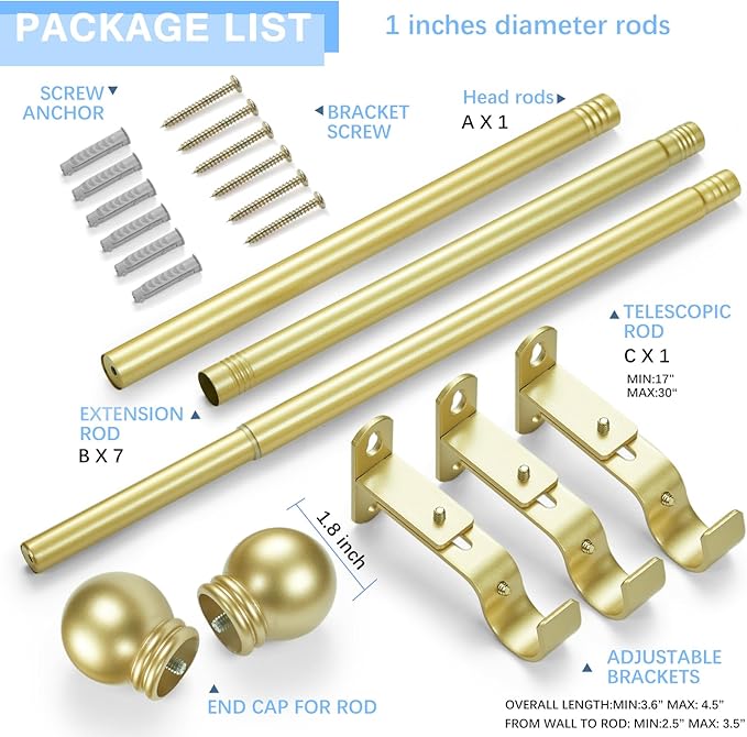 Curtain Rods for Windows 16 to 136 Inches, Curtain Rod Max Adjustable Length of - Image 3