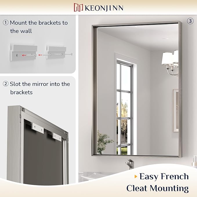 Keonjinn Brushed Nickel Bathroom Mirror 60 x 40 in Rectangle Frame Mirror - Image 4