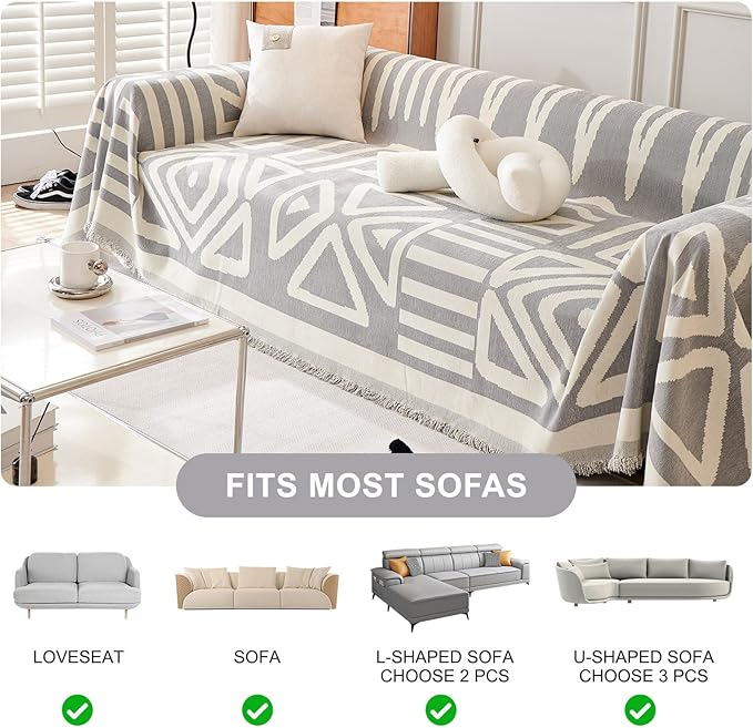 STACYPIK Boho Gray White Cream Sofa Cover Reversible Triangle Geometric Couch - Image 8