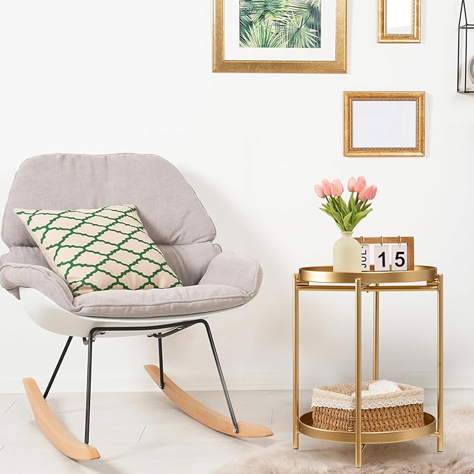 TeoKJ 2 Tier Gold Side Table, Folding Round Metal End Table Small Nightstand - Image 2
