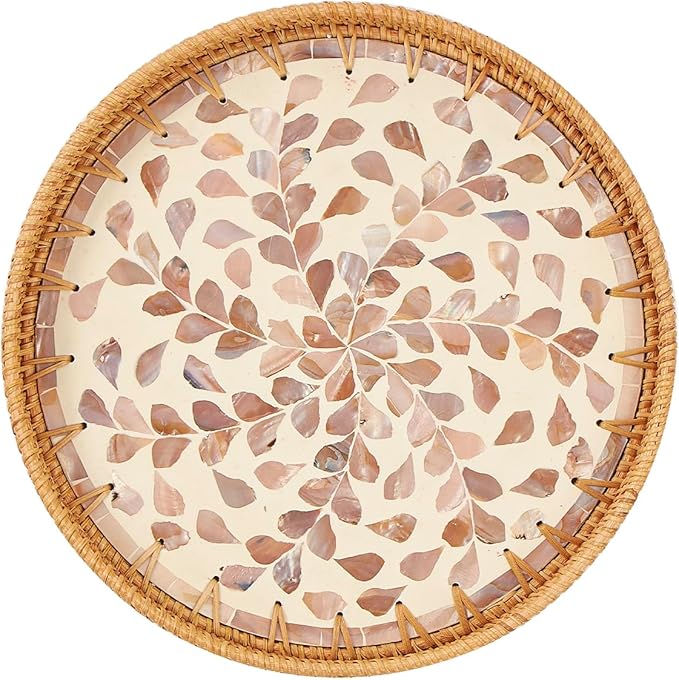 Round Rattan Tray with Mother of Pearl Inlay, Rattan Serving Tray with Wooden by Kmelep