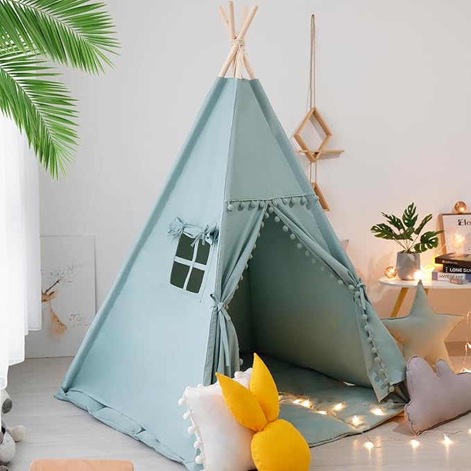 Teepee Tent for Kids with Mat, Star Lights, Carry Case, Cotton Canvas Playhouse - Image 2