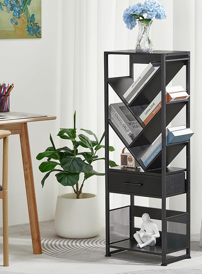 Bookshelf with Drawer, 8 Tier Tree Bookcase Retro Floor Standing Bookshelves - Image 6