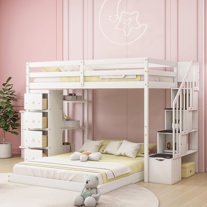 Twin Over Full Bunk Bed with 3-Layer Shelves, Wood L-Shape High Loftbed Frame - Image 3