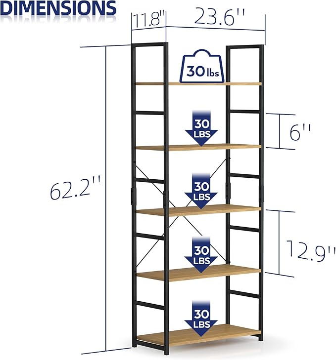 NUMENN 5 Tier Bookshelf, Tall Bookcase Shelf Storage Organizer, Modern Book - Image 3