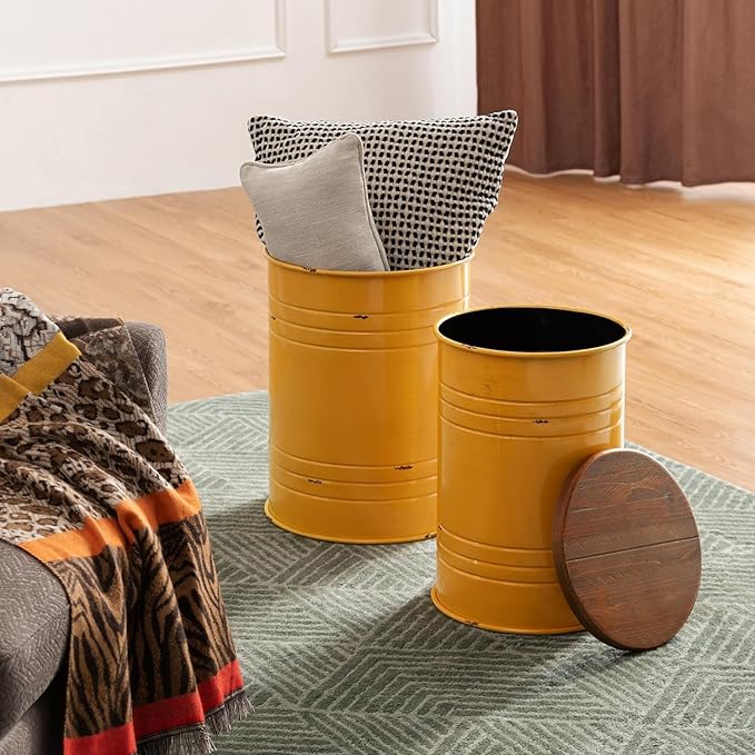 Glitzhome Farmhouse Accent Side Table, Metal Storage Stool Ottoman - Image 5