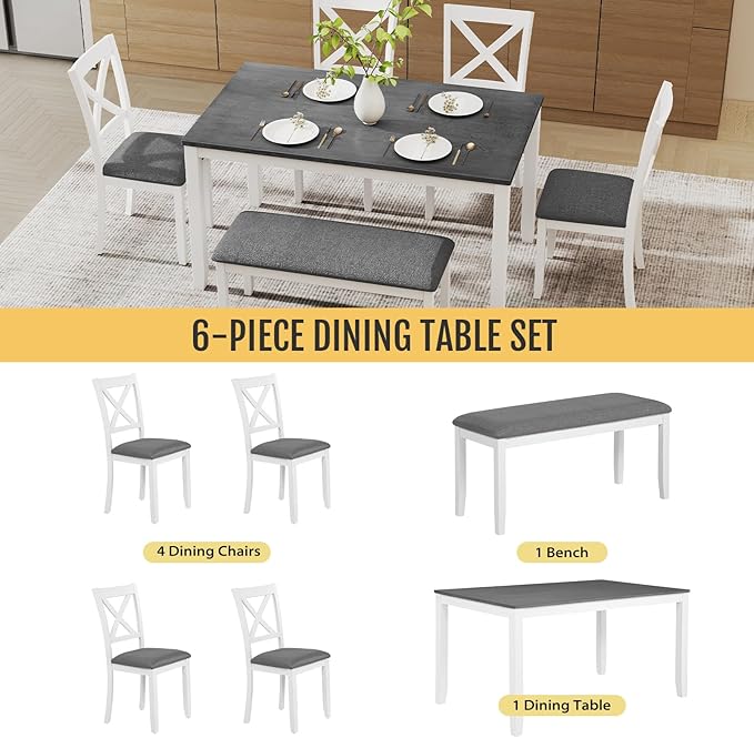 6-Piece Solid Wood Dining Table Set, Including 1 Dining Table, 4 Upholstered - Image 4