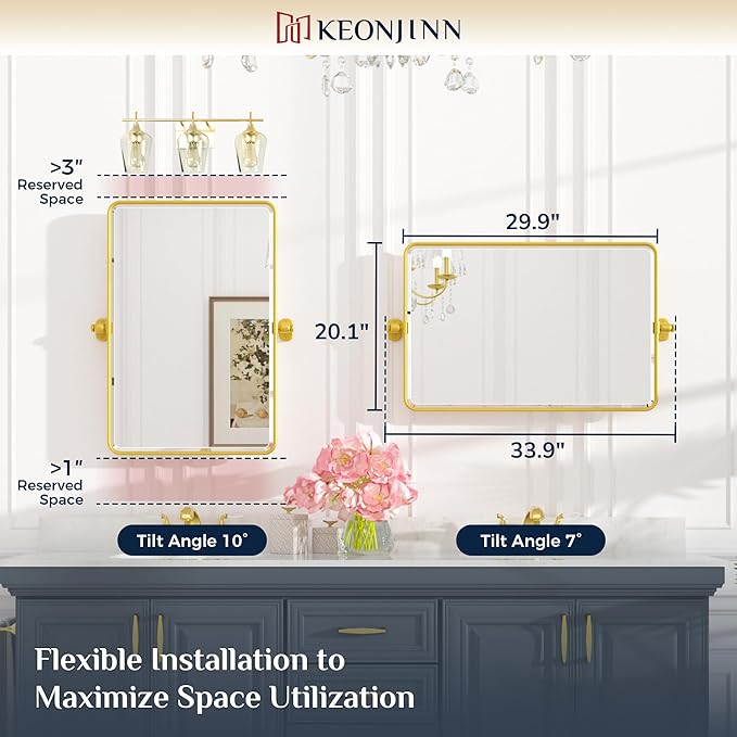Keonjinn Brushed Gold Pivot Mirror Bathroom, 20x30 in Tilt Mirror Bathroom - Image 3