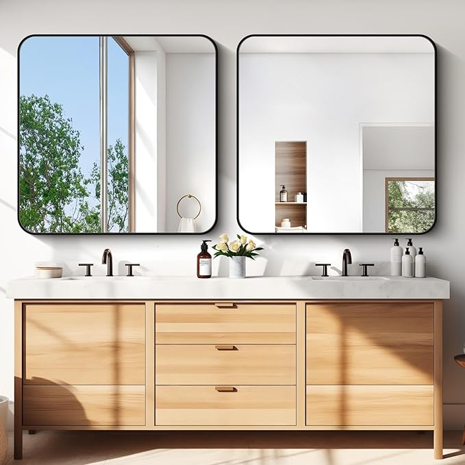 Bathroom Mirror, 42x42 inch Black Square Wall Mirror, Rounded Corner Aluminum - Image 2
