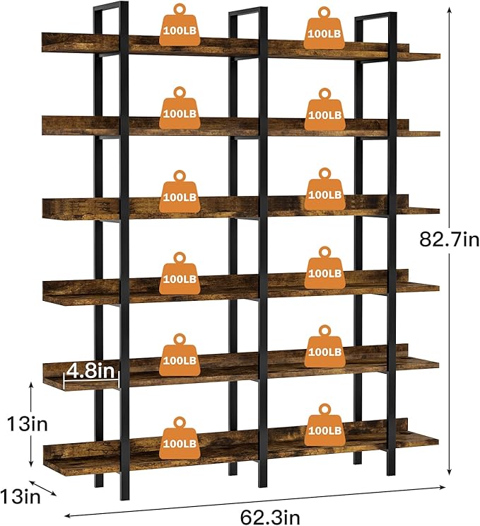 FRAPOW 83Inch Industrial Bookshelf and Bookcase, Double Wide 6 Tier Large - Image 2