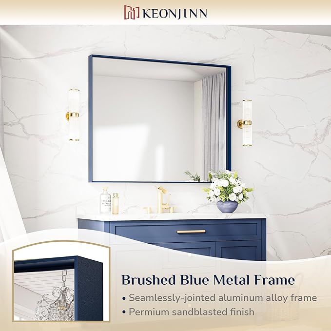 Keonjinn 42 x 36 Inch Blue Framed Mirror Bathroom Vanity Mirror - Image 6