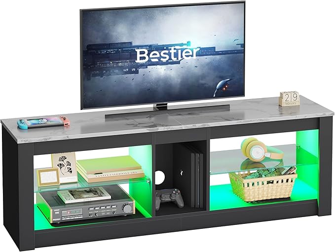 Bestier White Marble TV Stand LED Entertainment Center Gaming TV Stand - Image 6