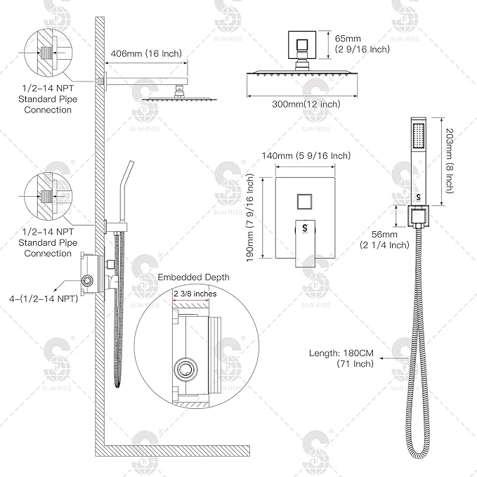 SR SUN RISE 12 Inches Matte Black Shower System 12 Inch Brass Bathroom Luxury - Image 8