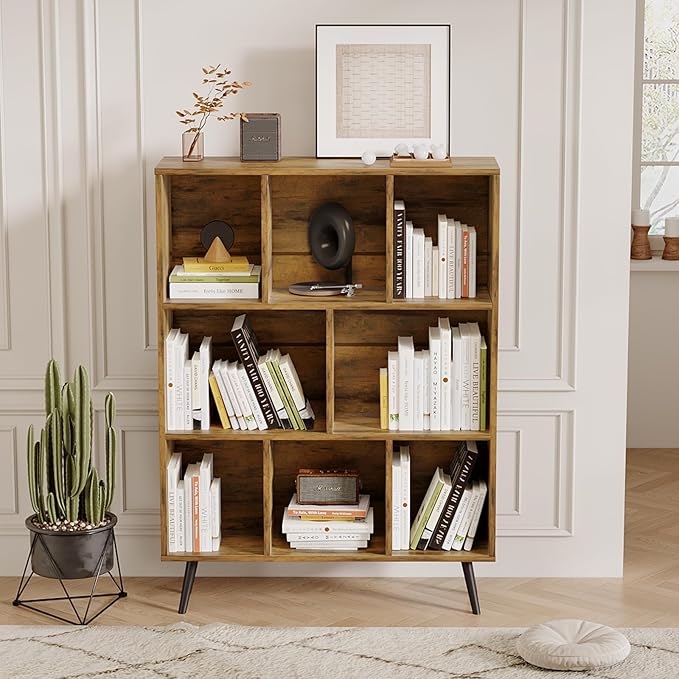 8 Cube Bookshelf 3 Tier Mid-Century Rustic Brown Modern Bookcase - Image 4