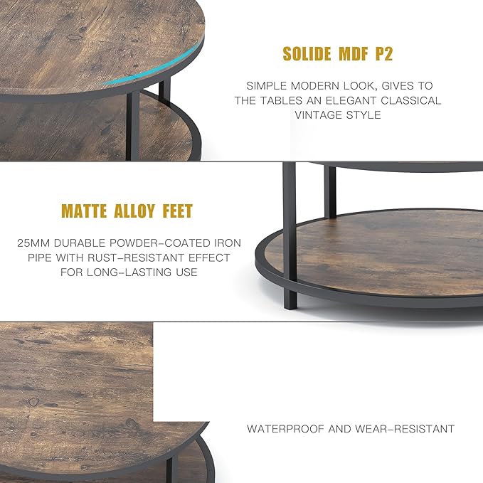 NSdirect 36 inches Round Coffee Table, Rustic Wooden Surface Top & Sturdy Metal - Image 5