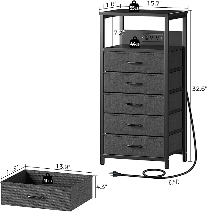 Seventable Night Stand with Charging Station, Tall Nightstand with 5 Fabric - Image 3