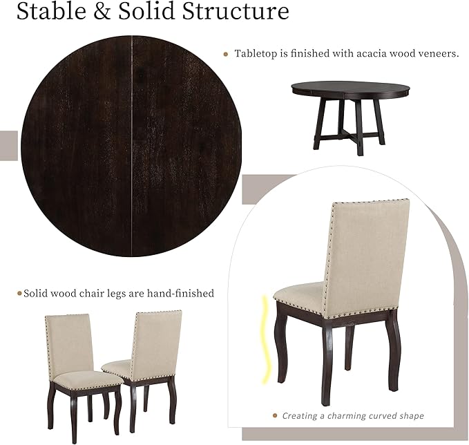 5 Pieces Dining Table Set with 43" Round Extendable Desk, Living Room Furniture - Image 6