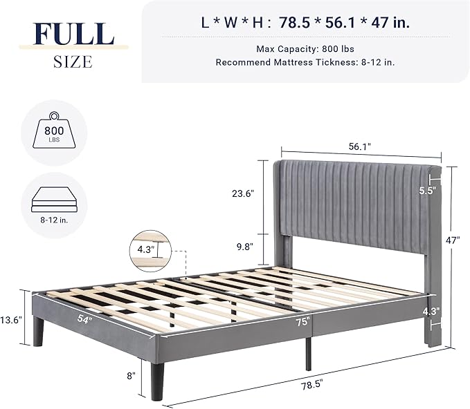 Allewie Full Size Velvet Bed Frame/Vertical Channel Tufted Wingback - Image 2
