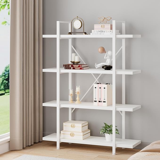 HSH 4 Tier White Bookshelf, Modern 4 Shelf Etagere Bookcase, Industrial Wood - Image 3