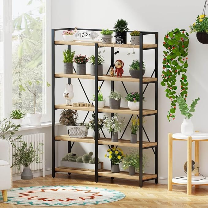 FATORRI Bookshelf, 5 Tier Industrial, Tall Etagere Bookcase, Rustic Wood and - Image 7