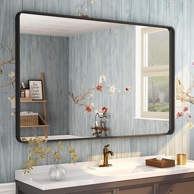 48x36 Matte Black Bathroom Mirror, Modern Rectangle Metal Framed Mirrors by CHARMOR