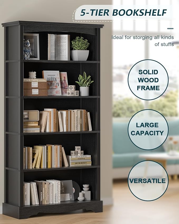 TVU 5-Tier Wooden Bookshelf, 65 Inch Tall Bookshelf - Image 6