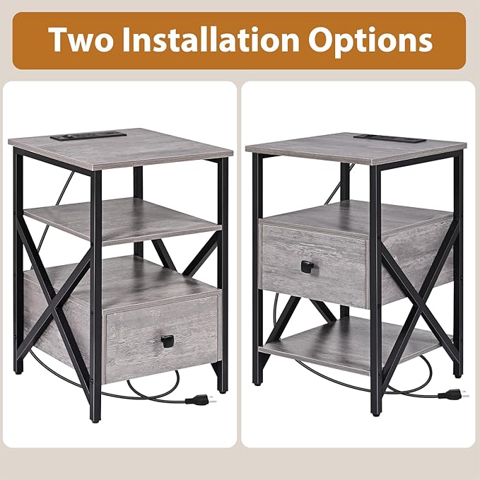 End Tables with Charging Station, Night Stands with Wood Drawer, Nightstand - Image 5