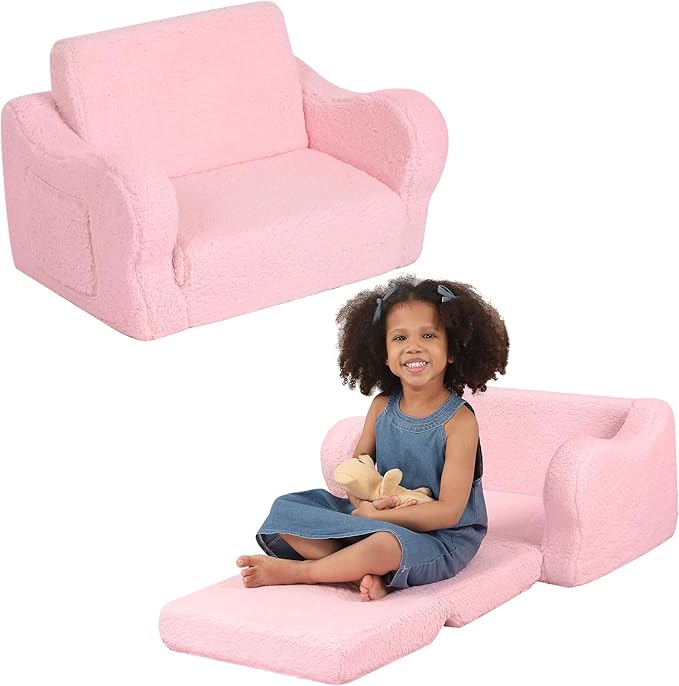 Comfy Toddler Chair, 2-in-1 Toddler Couch Fold Out, Convertible Sherpa Sofa to by BestRoyal
