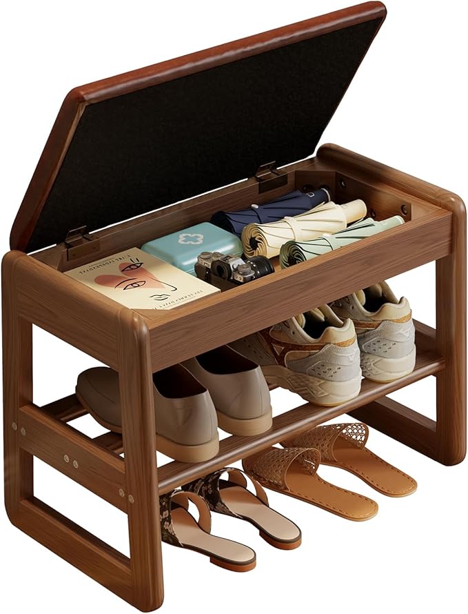 Small Shoe Bench with Leather Cushion, 2 Tiers Shoe Rack Bench with Flip-Top by AQIMUELE-Solidwoodfurniture