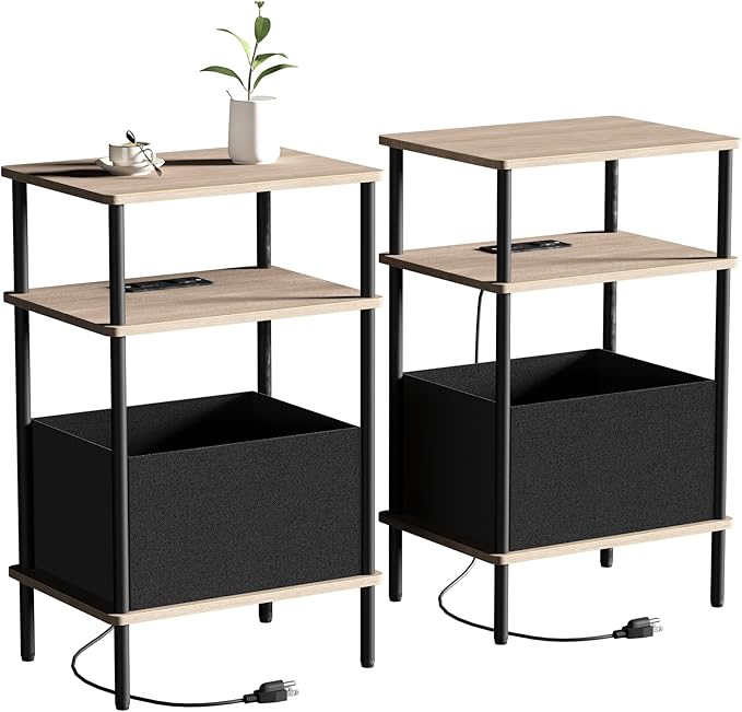 Small Side Table with Charging Station, Slim Nightstand with Outlet, Sofa by Unknown