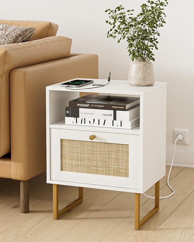 Masupu Rattan Nightstand with Charging Station, Modern Boho Farmhouse Wood - Image 3