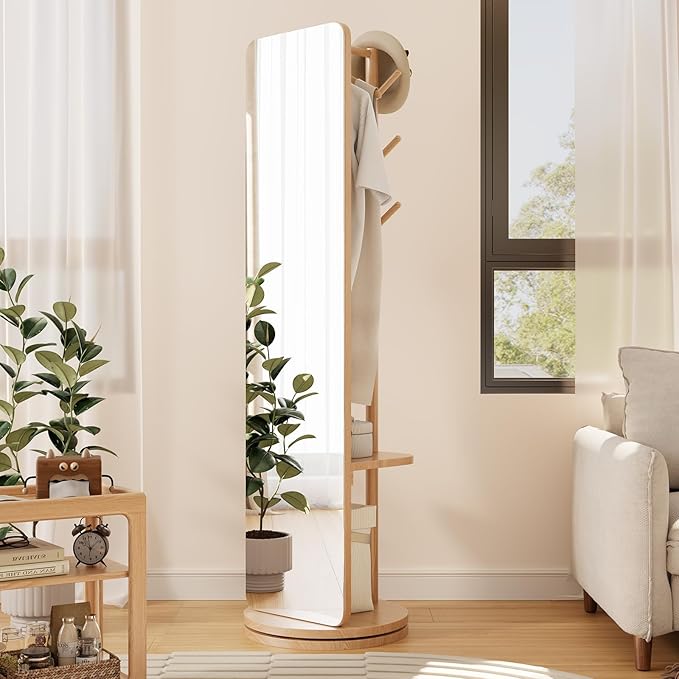 70"x16"Full Length Mirror with Stand, Coat Rack with Mirror, Solid Wood Floor - Image 9