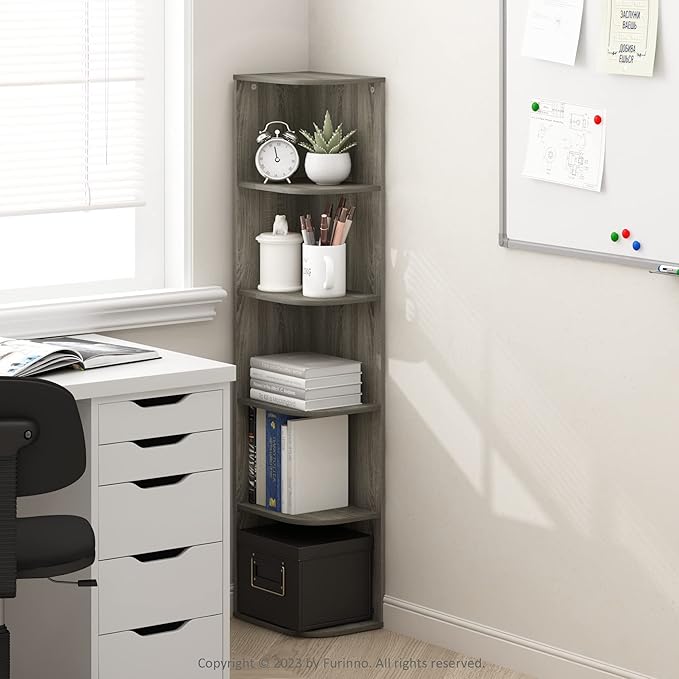 Furinno Pasir 5-Tier Corner Open Shelf Bookcase, French Oak - Image 2