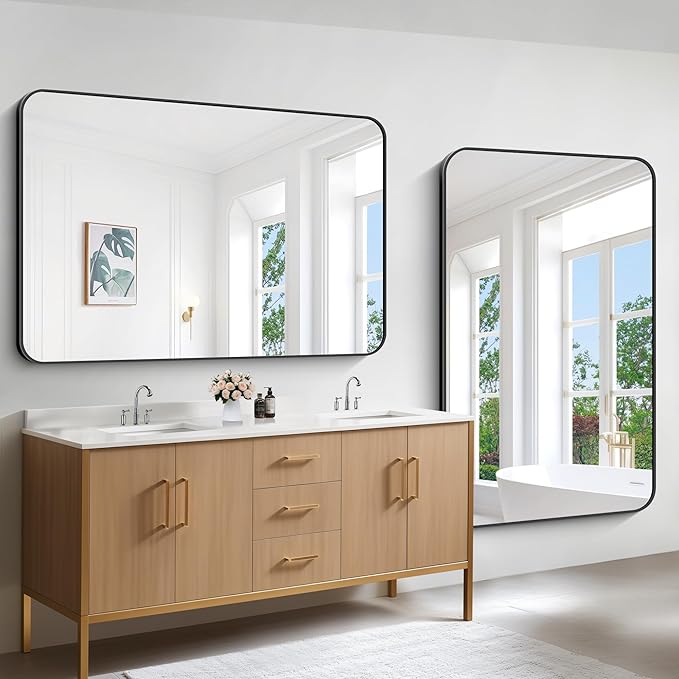 Bathroom Mirror, 55x36 inch Black Rectangle Wall Mirror, Metal Frame Rounded - Image 5