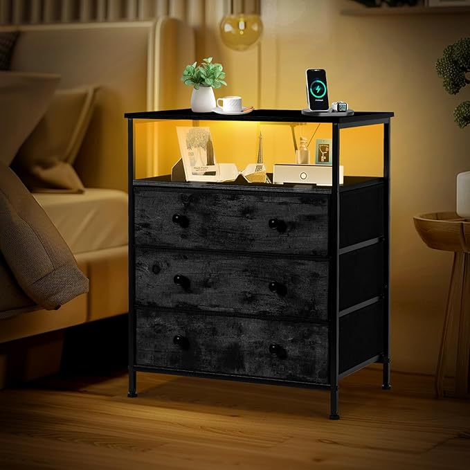 3 Drawers Dresser with Charging Station, 24 Inch Wide LED Night Stand with - Image 2