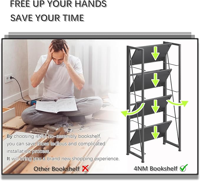 4NM No-Assembly Folding Bookshelf Storage Shelves 4 Tiers Vintage Bookcase - Image 7